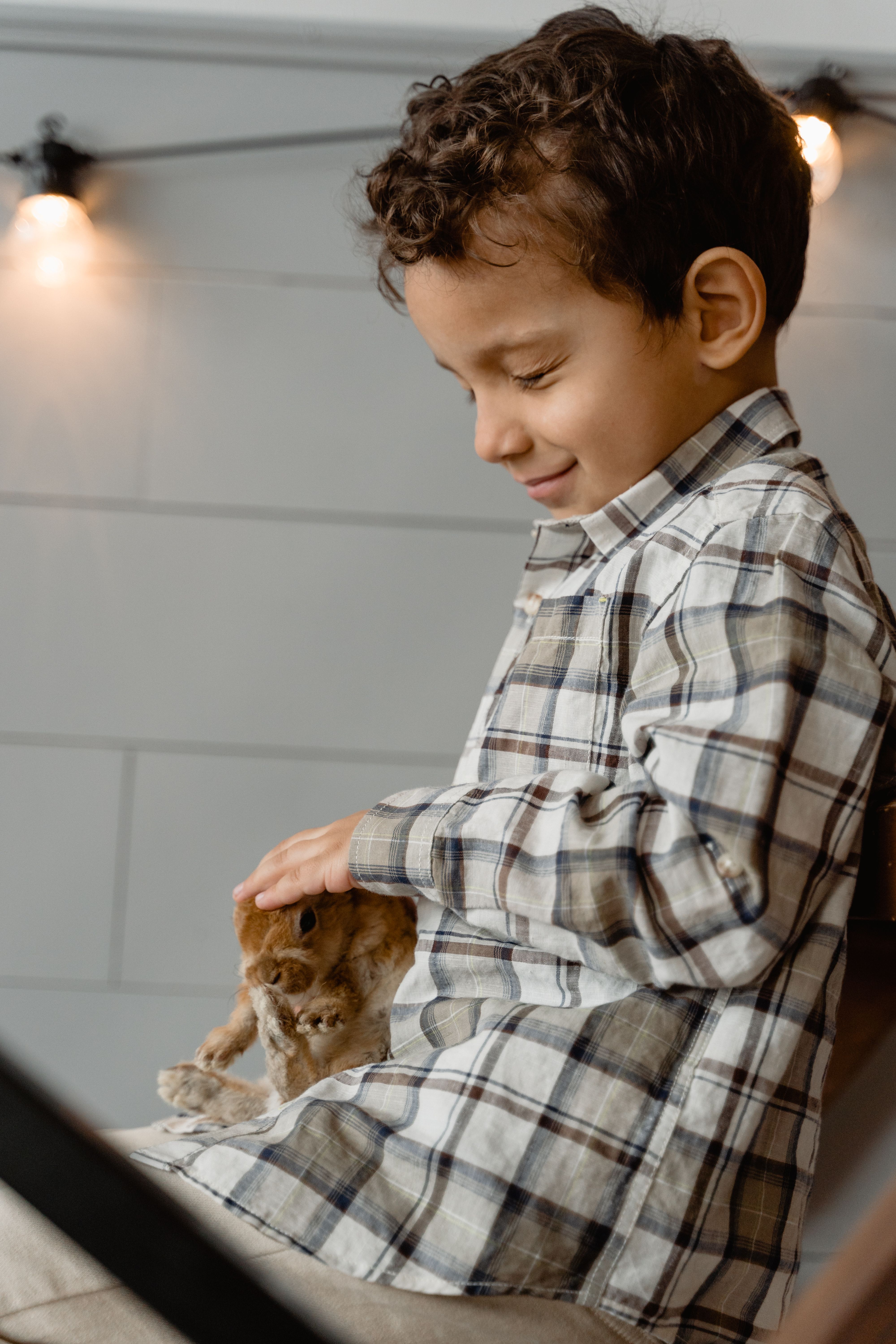 A child joyfully petting a pet rabbit indoors, showcasing gentle interaction and care.