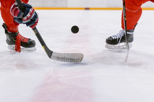 Free Dynamic ice hockey faceoff with players battling for puck control. Stock Photo