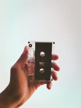 A hand holds a vintage cassette tape, evoking nostalgia and retro vibes.