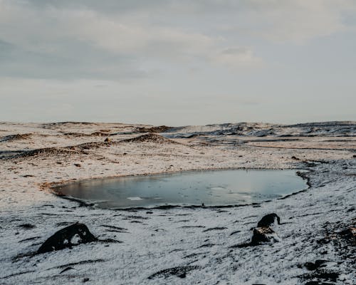 Small lake surrounded by snowy terrain