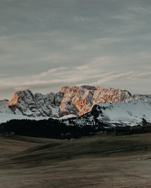 Grassy hill near snowy mountains