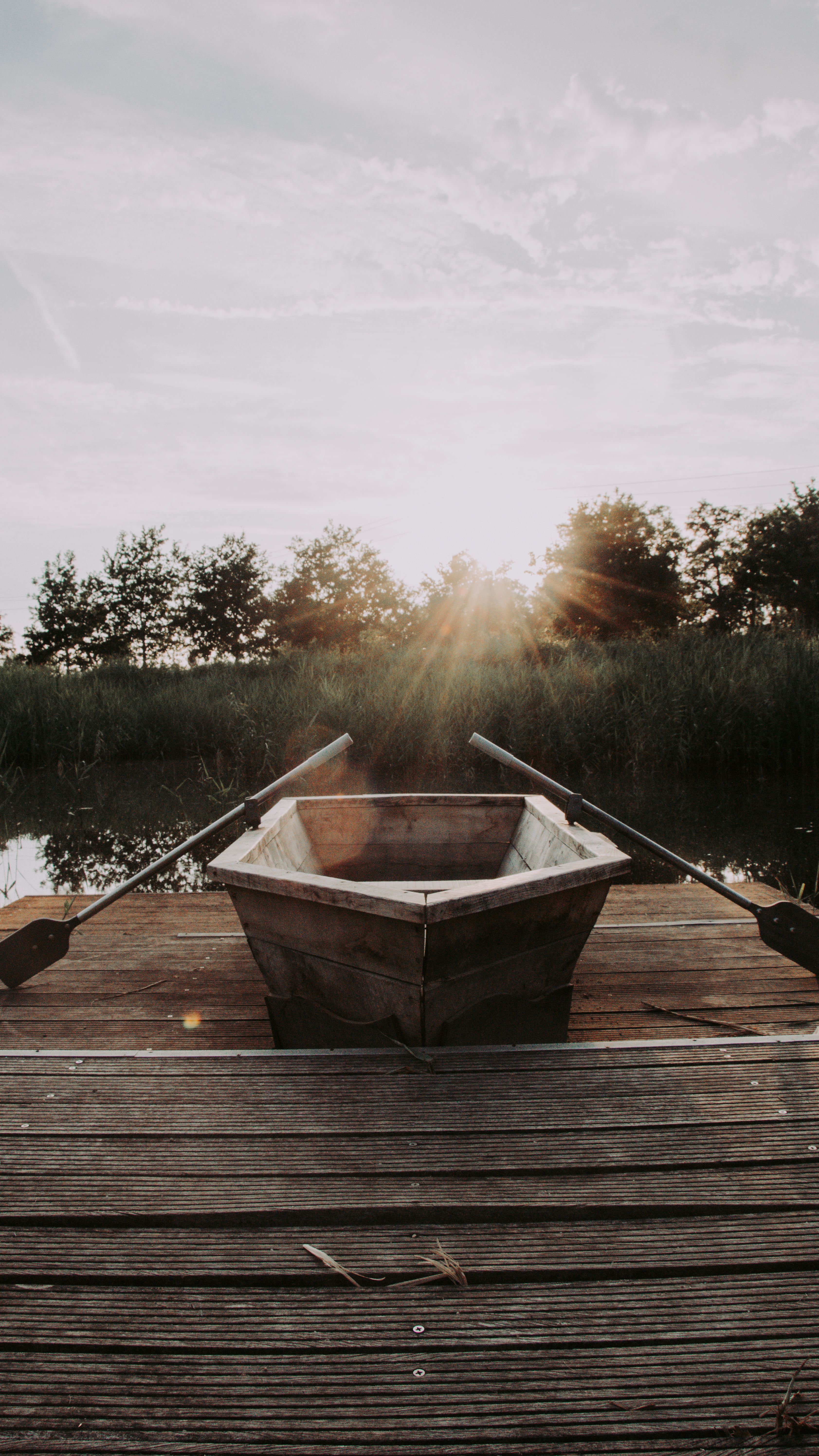 Wooden boat with paddles on dock near calm lake on shore against green trees in sunny weather on summer day