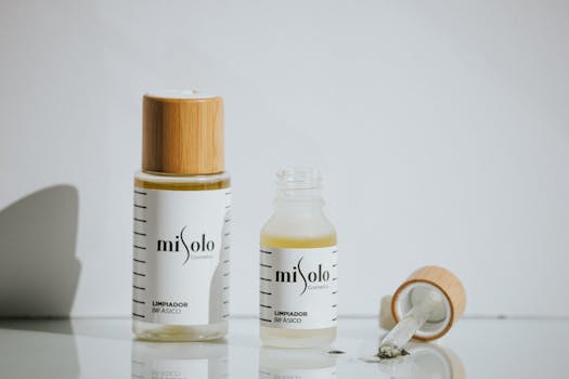 Elegant minimalist photo of Misolo skincare products on a white background.