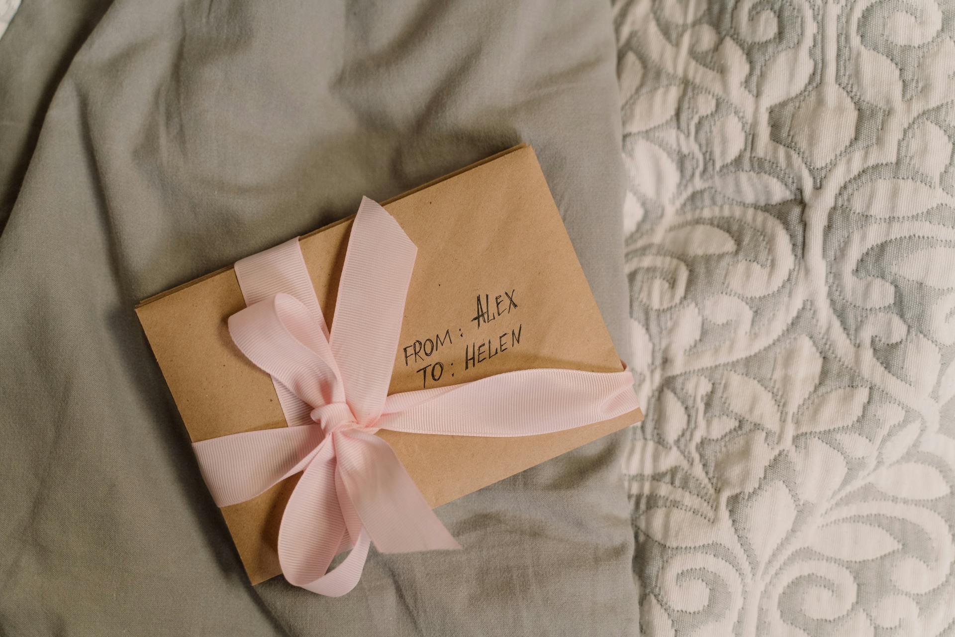 A close-up of a brown paper wrapped gift with a pink ribbon on a quilted bedspread, labeled from Alex to Helen.