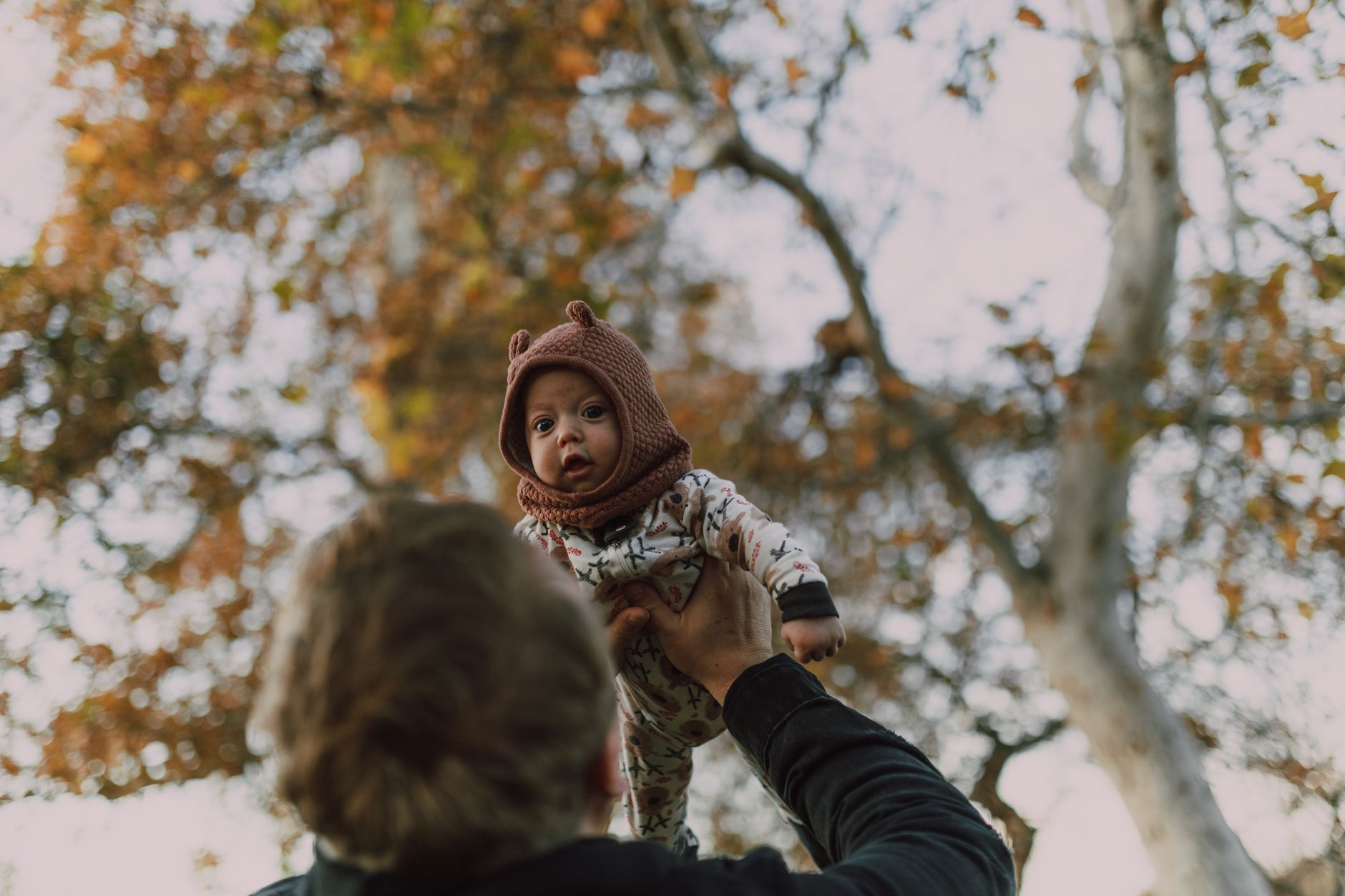 Adorable baby in a wool hat being held up in a park with autumn foliage.