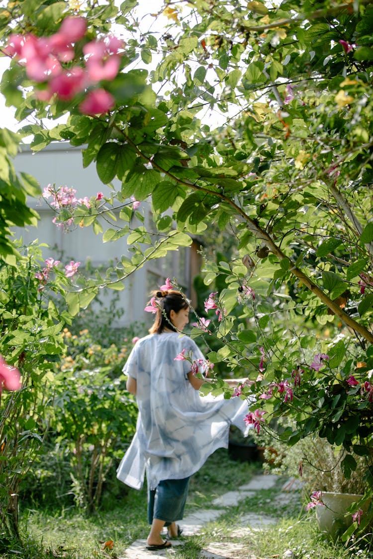 Woman Walking Between Plants In Garden