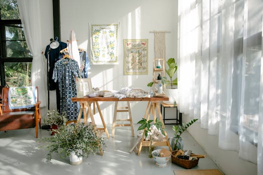 Bright and spacious fashion atelier with sunlight streaming in, showcasing handcrafted clothing and decor.