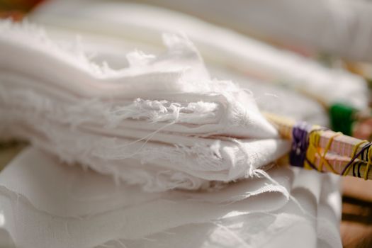 Stack of soft fabric for dyeing on table