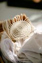 Beige needlework on wooden frame in light room