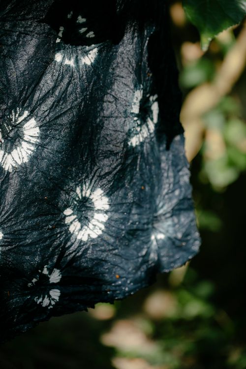 Free Close-up view of dark textured fabric with white circular patterns in natural light. Stock Photo