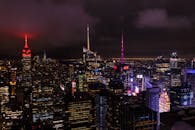 纽约市夜间令人惊叹的鸟瞰图展现了标志性的摩天大楼照明天际线