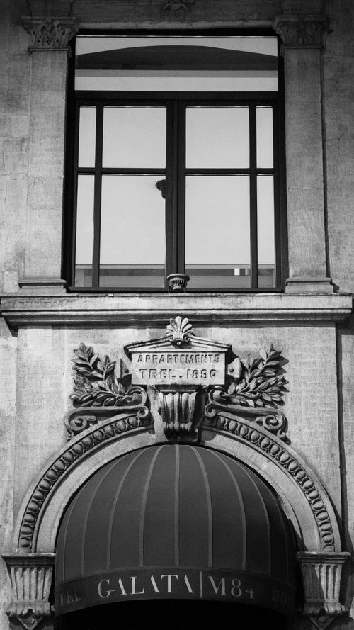 Free Black and white image of a historic building entrance in Istanbul, showcasing ornate architectural details. Stock Photo