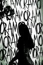 Black and white side view of anonymous female silhouette standing near painted black words amor on white wall with lamp in room