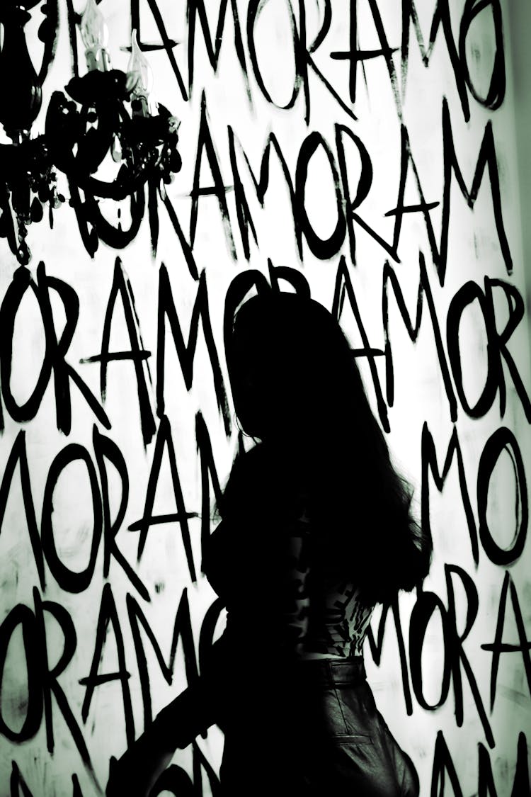 Unrecognizable Woman Silhouette Near Wall With Black Words Amor