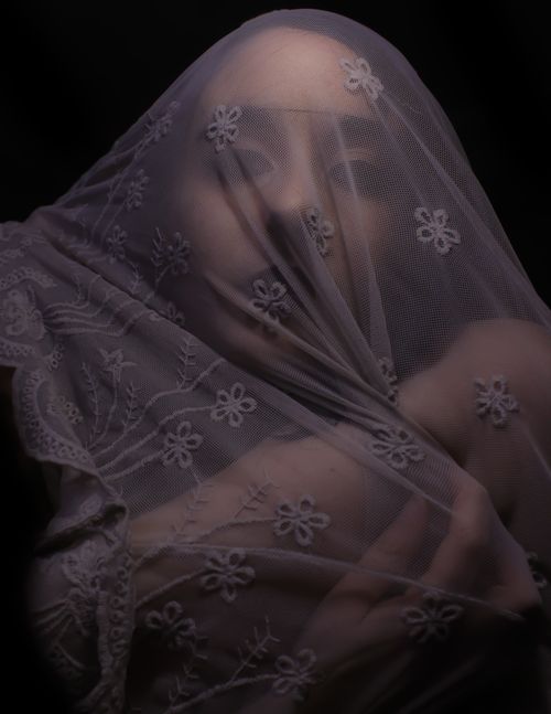 Free Elegant portrait of a woman under an embroidered veil, evoking mystery. Stock Photo