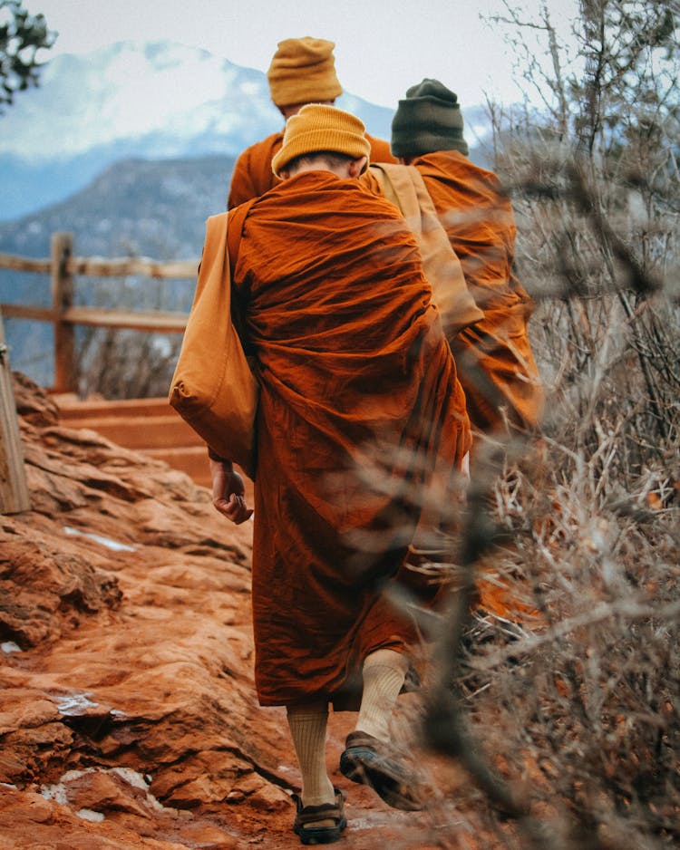 Three Buddhist Monks Walking On Brown Soil