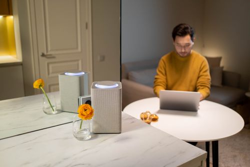 Free Asian man at a table using a laptop with a smart speaker nearby, indoors. Stock Photo