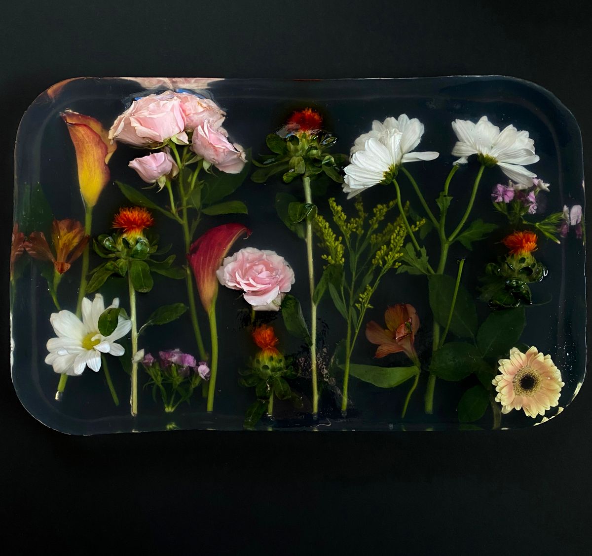 Fresh flowers preserved in a clear resin tray