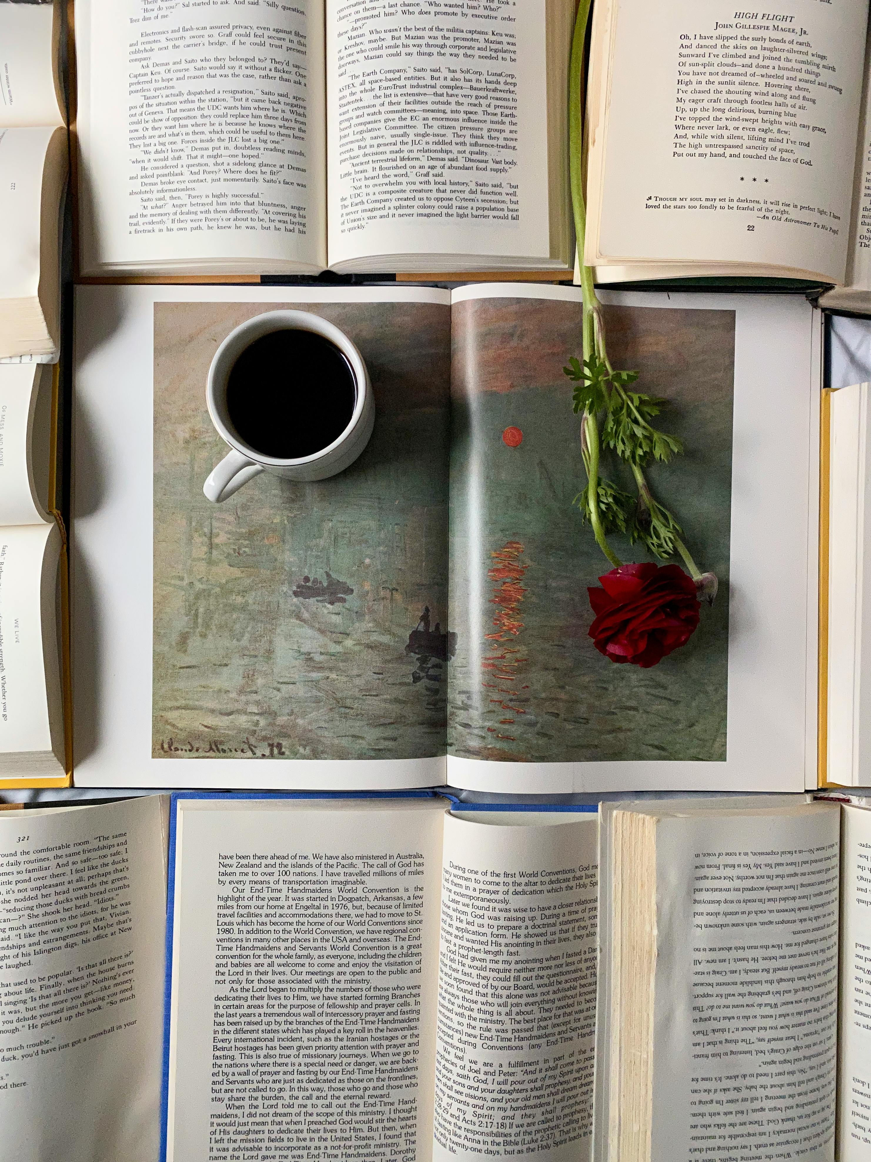 cup of coffee and red rose on opened books