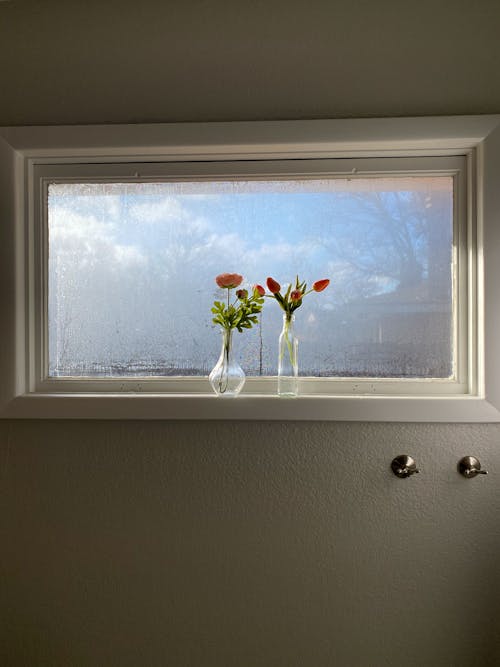 Elegant vases with fresh tulips placed on windowsill near misted glass in light apartment