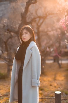 Woman in winter coat poses in a sunlit park, showcasing elegance and beauty.