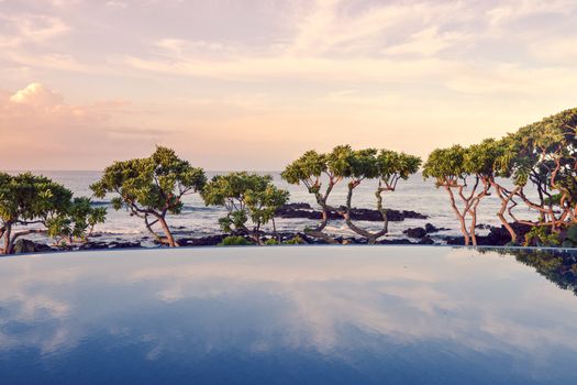 Serene tropical landscape with trees and ocean view beyond an infinity pool at dusk.