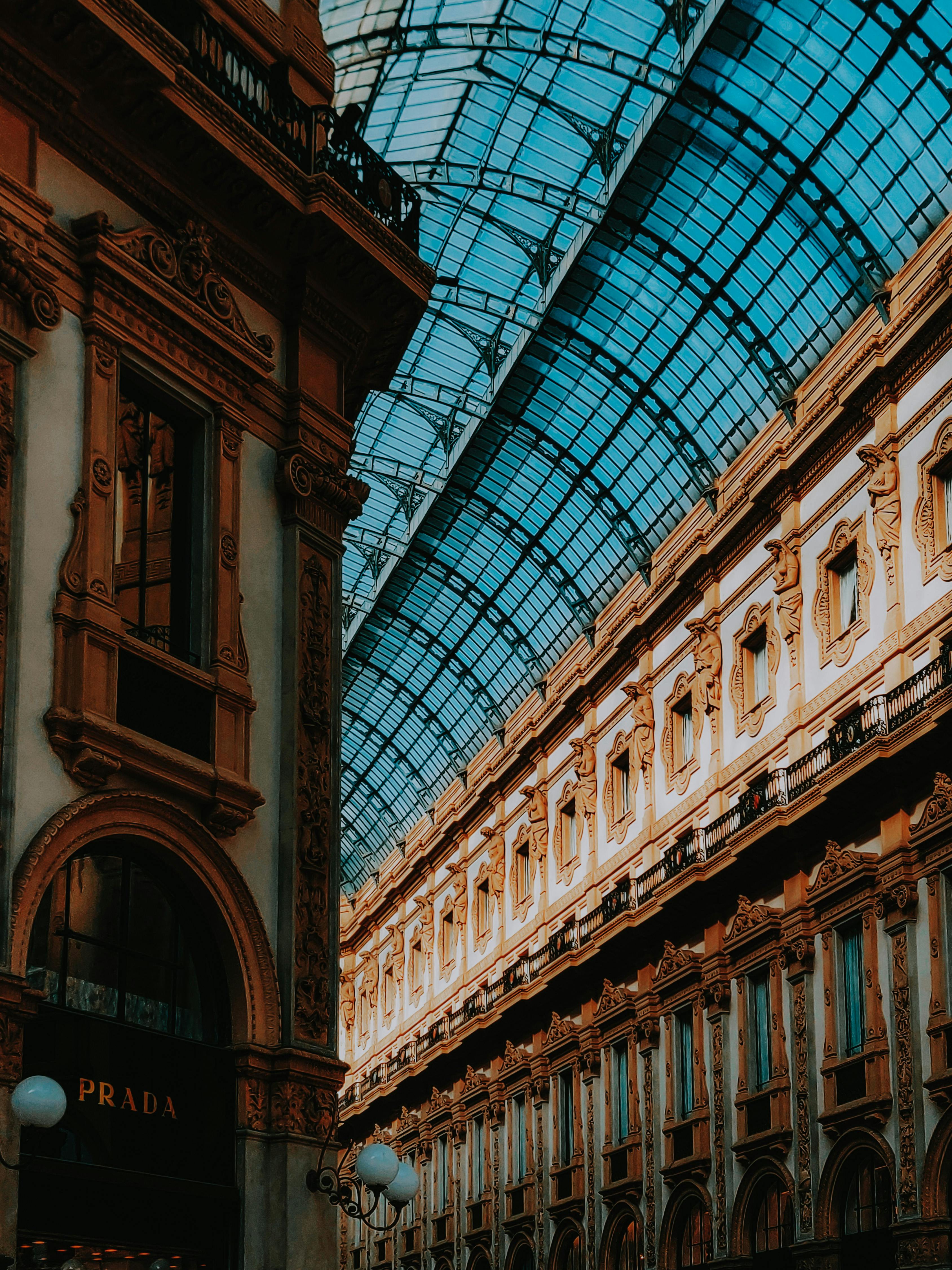 interior of historic shopping gallery in sunlight