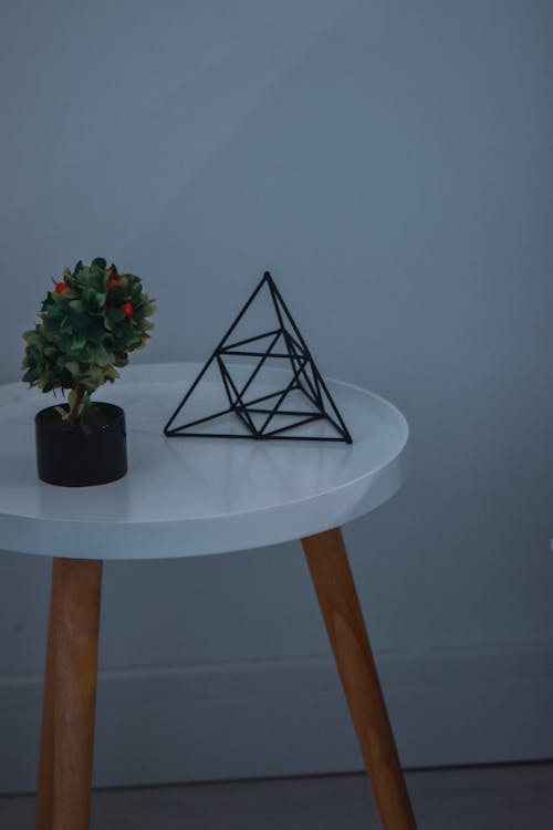 Small potted green plant and metal geometric figure placed on white table against light wall in room