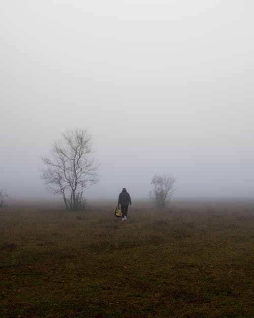 A Person Walking on a Grass Field Under a Gloomy Sky