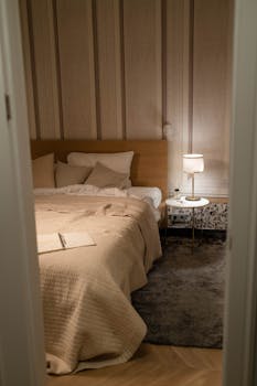 Warm and inviting bedroom with a wooden bed, soft lighting, and modern decor.