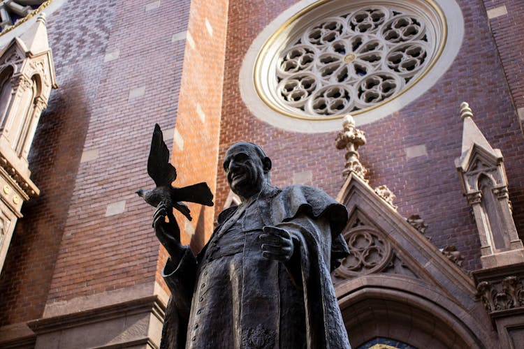 Pope John XXIII Statue In Front Of Church Of St. Anthony Of Padua Basilica On Istiklal Avenue, Istanbul, Turkey