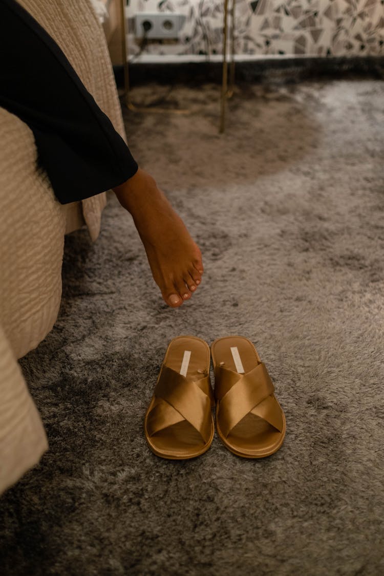 Brown Slip On Leather Sandals On Carpet 