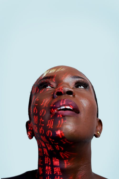 Portrait of a Woman with Text on Her Face