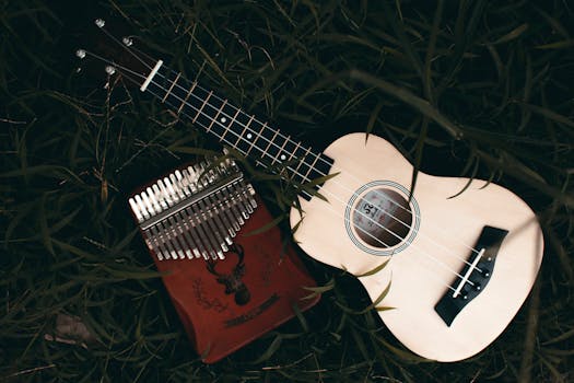 Acoustic ukulele and kalimba placed on grass, capturing a musical outdoor scene.