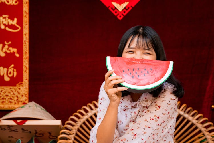 Portrait Of Happy Woman With Watermelon As Smile