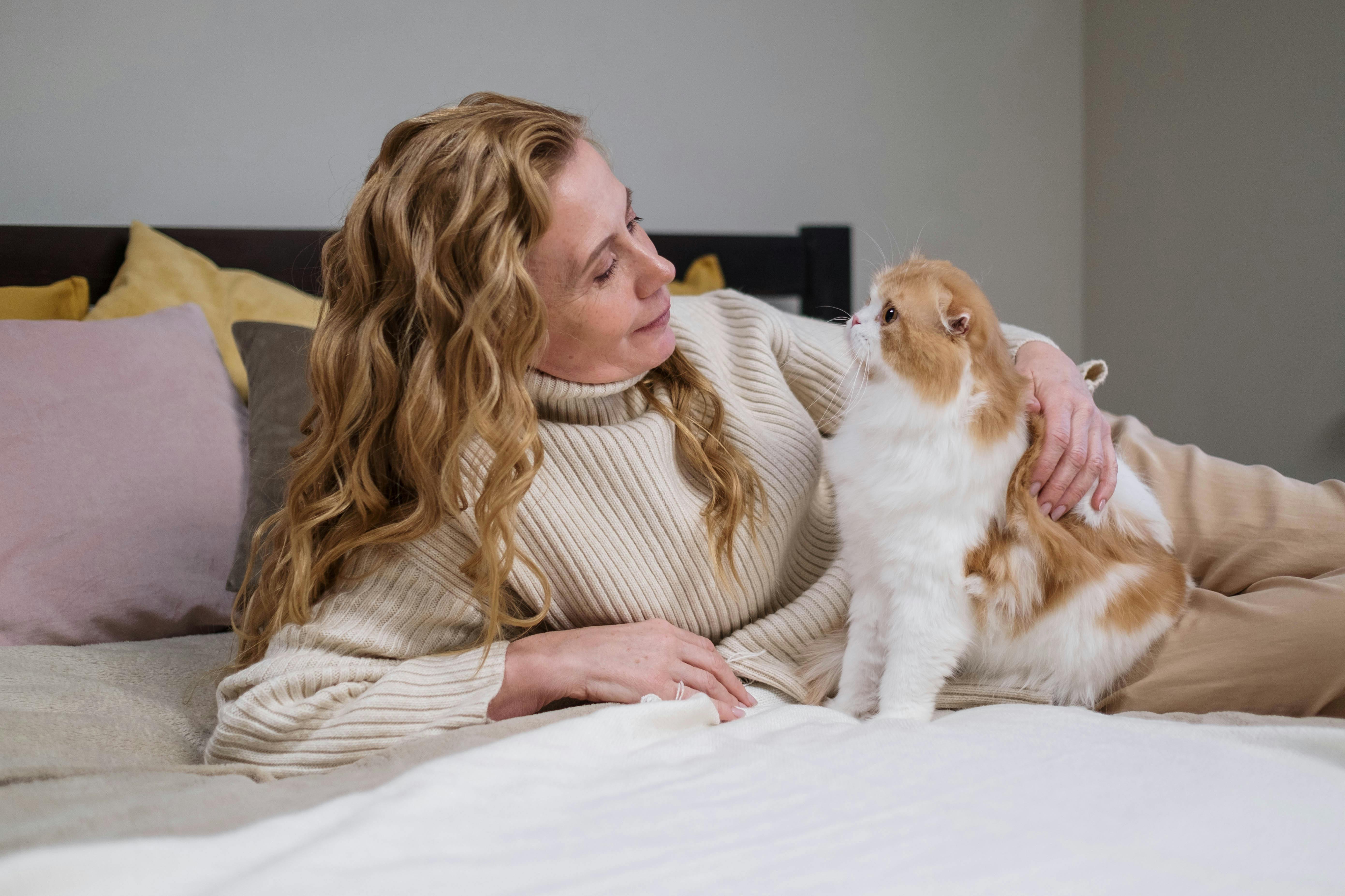 woman in sweater holding orange and white cat