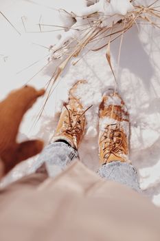 Point of view photo of snow-covered boots during a winter hike, capturing the essence of cold weather exploration.