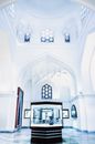 Museum interior with artwork exposition and oriental ornament
