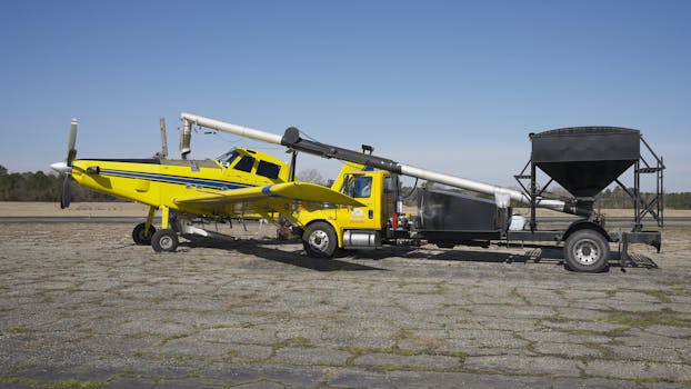 Yellow crop duster airplane with equipment on tarmac under clear blue sky.
