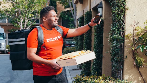 Smiling deliveryman with smartphone and package outside a house.
