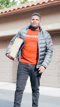 Delivery person with packages standing outside a garage in winter, wearing a puffer jacket.