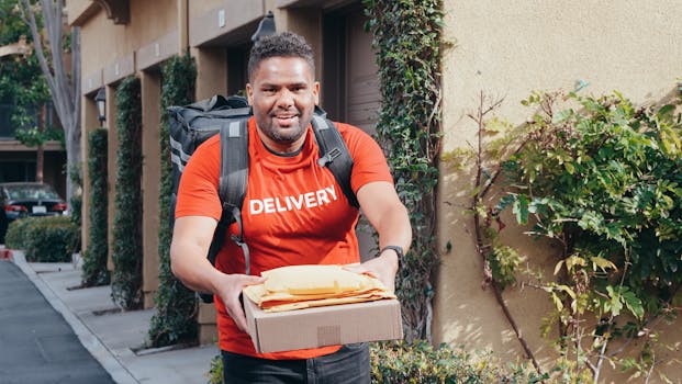Friendly deliveryman in red delivering packages outdoors on a sunny day.