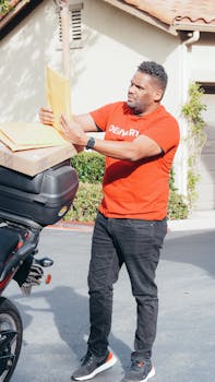 Courier organizing packages from motorcycle for delivery outside a suburban house.
