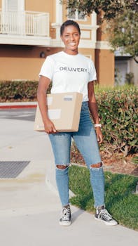 African American delivery woman smiling while holding a package outdoors during day.