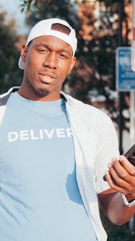 Casual delivery person holding a smartphone outdoors, wearing a 'Deliver' shirt and cap.