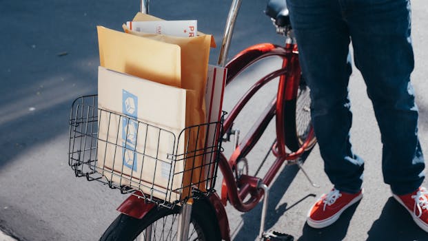 A bicycle with packages in the front basket on a sunny day, ready for delivery.