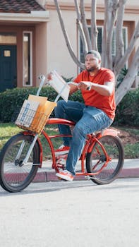 A courier on a red bicycle delivering mail and packages in an urban setting, wearing casual attire.