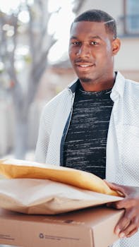 A deliveryman holding packages, ready for shipment, outdoors on a sunny day.