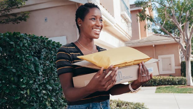 Smiling woman holding delivered packages in a residential area, enjoying online shopping.