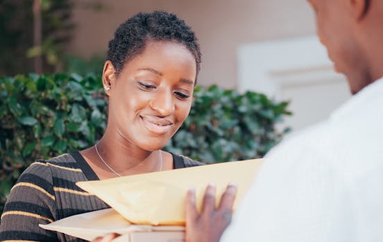 Smiling woman receiving a package from a courier in an outdoor setting.